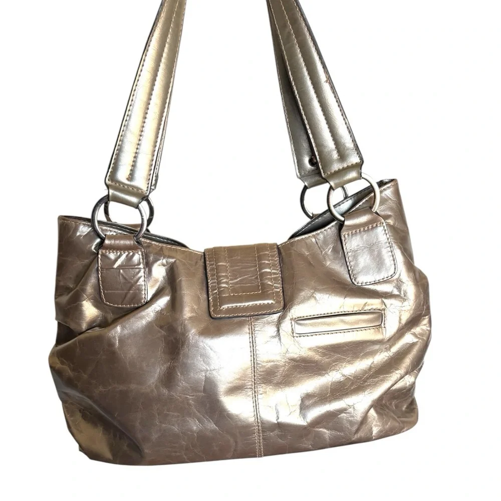 Solina Woman’s Metallic Silver Taupe Shoulder Bag with Decorative Medallion